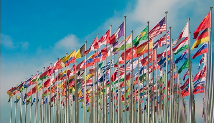 World Flags against a blue sky
